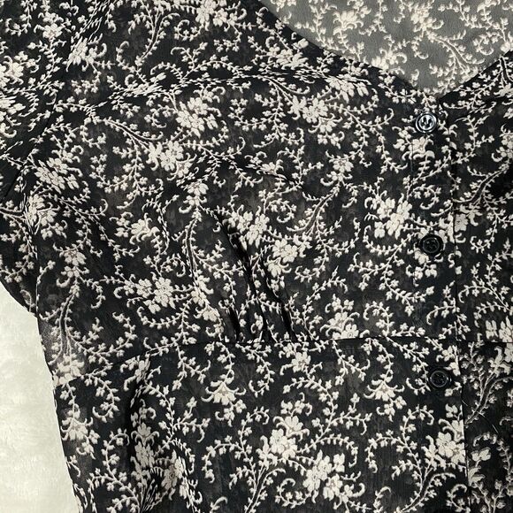 Vtg Y2K Women's Sz Lg Sheer Button Down Top Babydoll Coquette Dark Floral Fairy - Picture 4 of 7